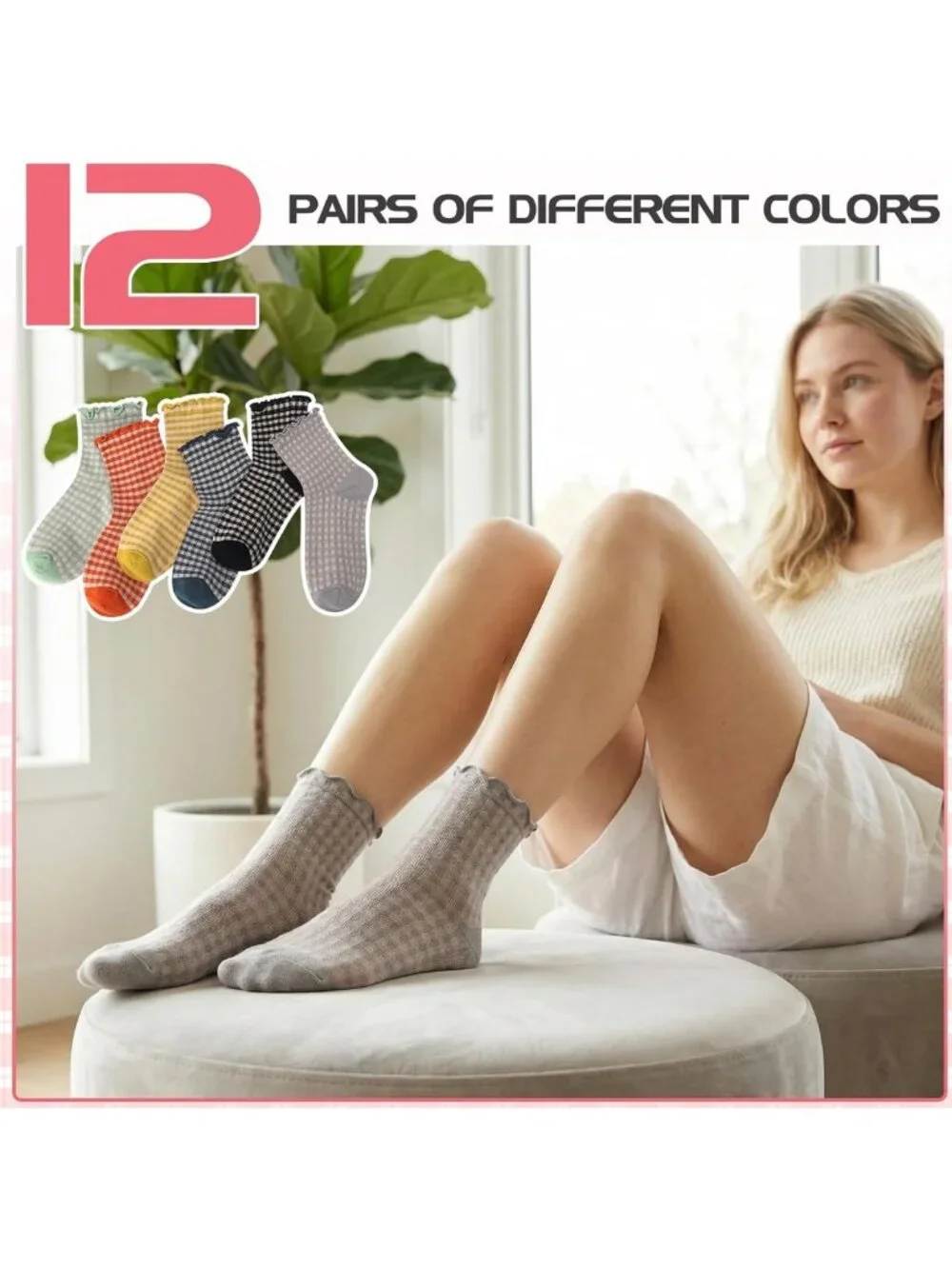 6 Pairs Cute Ruffle Striped Ankle Socks - Frilly Cotton Knit Casual Crew Socks